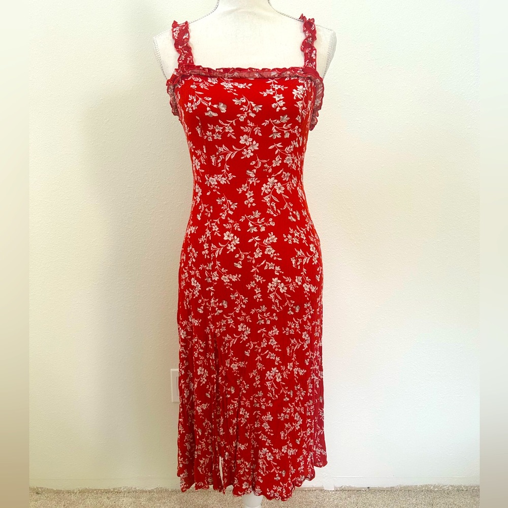 Lulus Garden Date Red Orange Floral Print Ruffle Midi Dress